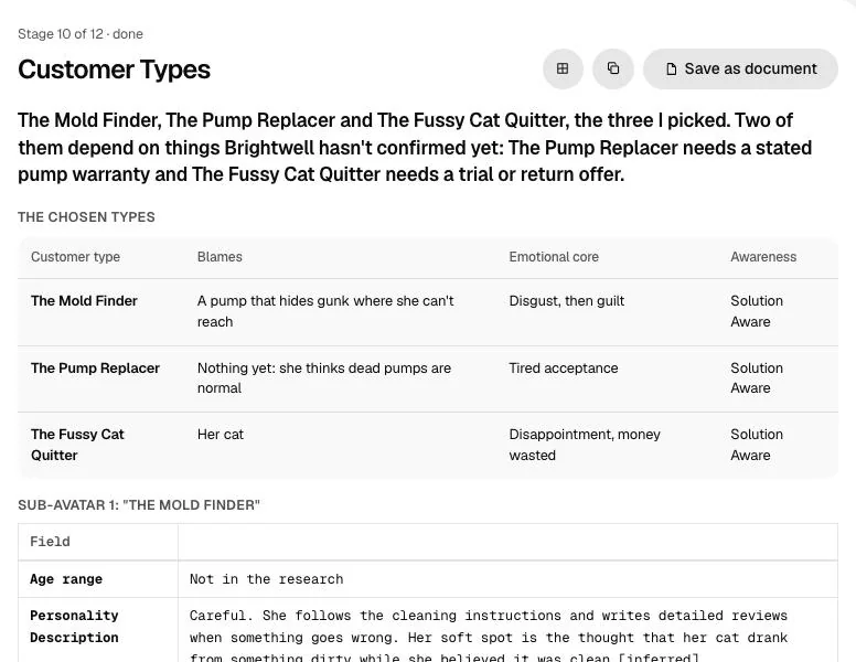 The Customer Types stage: three customer types, with what each blames, how each feels and how aware each is