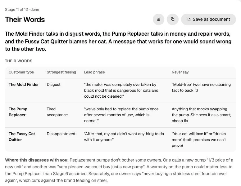 The Their Words stage: each customer type's strongest feeling, the phrase to lead with and what never to say